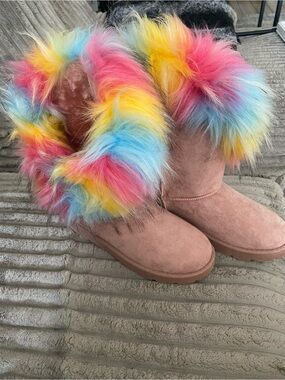 Bamboo Pink Faux Suede Boots with Rainbow Fur Trim
